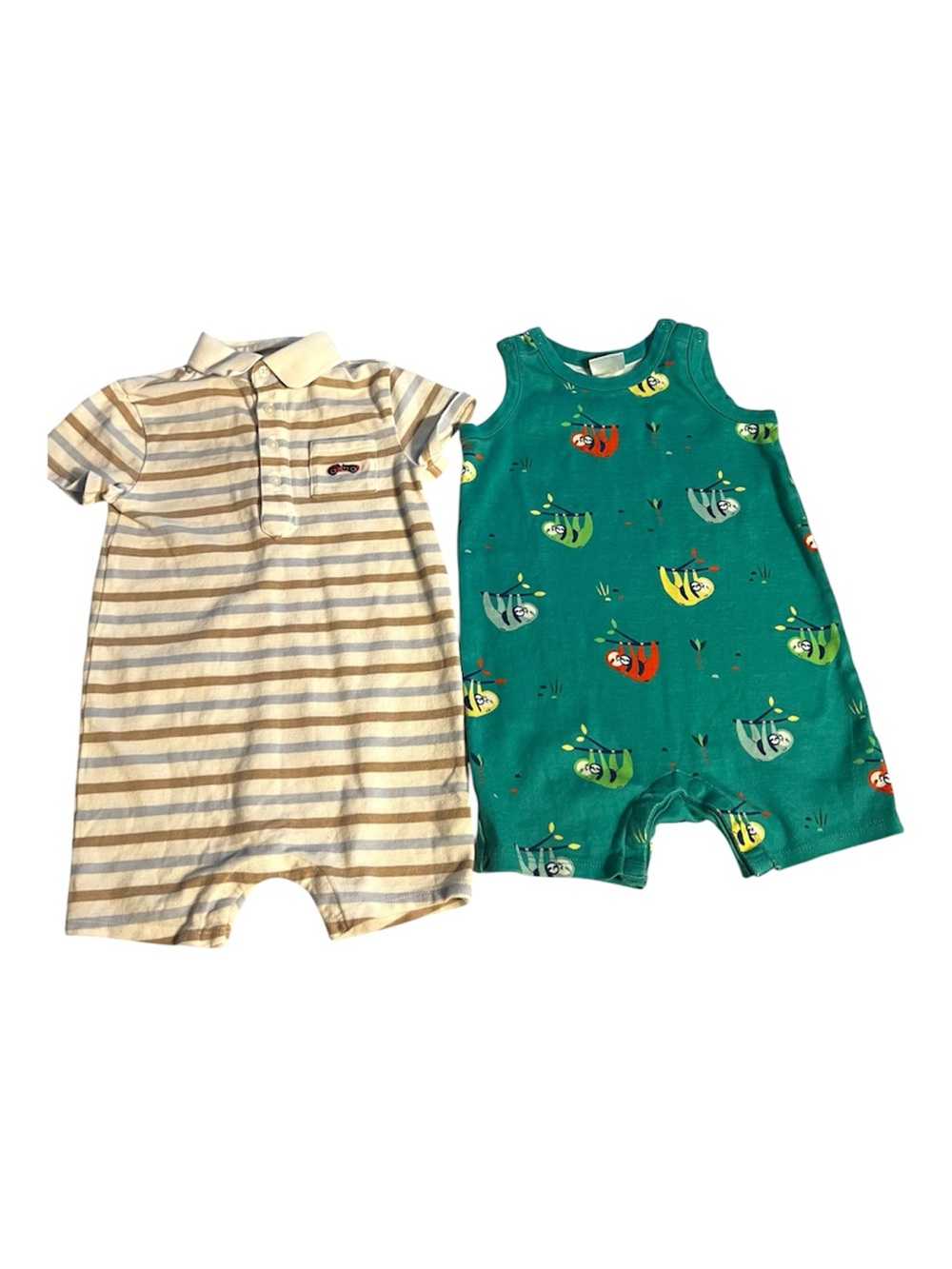 Set of 2 Janie and Jack  Striped Polo Romper & Hanna Anderson Sloth Romper 18-24